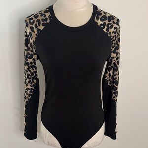 SHEIN Black Bodysuit with Leopard Print Sleeves